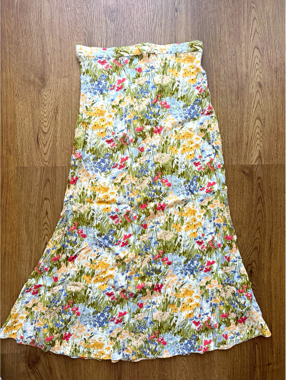 Reformation Floral Midi Skirt XS 2 Blue Green Wildflower Side Zip 32”